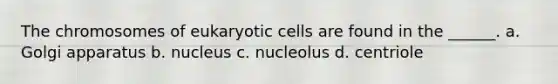 The chromosomes of eukaryotic cells are found in the ______. a. Golgi apparatus b. nucleus c. nucleolus d. centriole