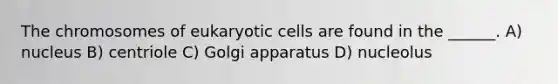 The chromosomes of eukaryotic cells are found in the ______. A) nucleus B) centriole C) Golgi apparatus D) nucleolus