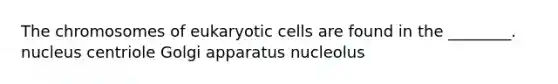 The chromosomes of eukaryotic cells are found in the ________. nucleus centriole Golgi apparatus nucleolus