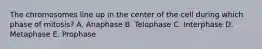 The chromosomes line up in the center of the cell during which phase of mitosis? A. Anaphase B. Telophase C. Interphase D. Metaphase E. Prophase