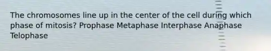 The chromosomes line up in the center of the cell during which phase of mitosis? Prophase Metaphase Interphase Anaphase Telophase