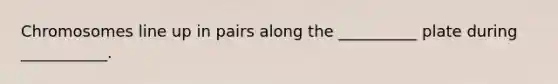 Chromosomes line up in pairs along the __________ plate during ___________.