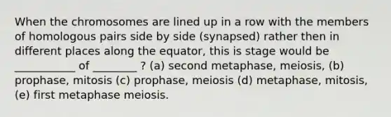 When the chromosomes are lined up in a row with the members of homologous pairs side by side (synapsed) rather then in different places along the equator, this is stage would be ___________ of ________ ? (a) second metaphase, meiosis, (b) prophase, mitosis (c) prophase, meiosis (d) metaphase, mitosis, (e) first metaphase meiosis.