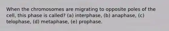 When the chromosomes are migrating to opposite poles of the cell, this phase is called? (a) interphase, (b) anaphase, (c) telophase, (d) metaphase, (e) prophase.