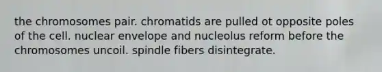 the chromosomes pair. chromatids are pulled ot opposite poles of the cell. nuclear envelope and nucleolus reform before the chromosomes uncoil. spindle fibers disintegrate.