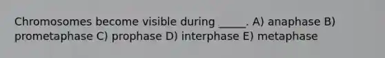 Chromosomes become visible during _____. A) anaphase B) prometaphase C) prophase D) interphase E) metaphase