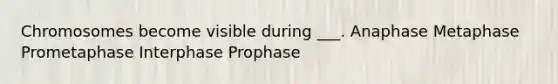 Chromosomes become visible during ___. Anaphase Metaphase Prometaphase Interphase Prophase