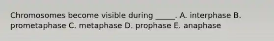 Chromosomes become visible during _____. A. interphase B. prometaphase C. metaphase D. prophase E. anaphase