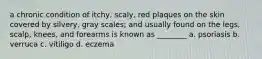 a chronic condition of itchy, scaly, red plaques on the skin covered by silvery, gray scales; and usually found on the legs, scalp, knees, and forearms is known as ________ a. psoriasis b. verruca c. vitiligo d. eczema