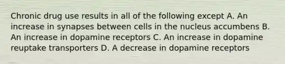 Chronic drug use results in all of the following except A. An increase in synapses between cells in the nucleus accumbens B. An increase in dopamine receptors C. An increase in dopamine reuptake transporters D. A decrease in dopamine receptors