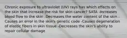 Chronic exposure to ultraviolet (UV) rays has which effects on the skin that increase the risk for skin cancer? SATA -Increases blood flow to the skin -Decreases the water content of the skin -Causes an error in the skin's genetic code -Causes degeneration of elastic fibers in skin tissue -Decreases the skin's ability to repair cellular damage