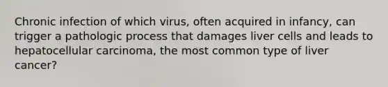 Chronic infection of which virus, often acquired in infancy, can trigger a pathologic process that damages liver cells and leads to hepatocellular carcinoma, the most common type of liver cancer?