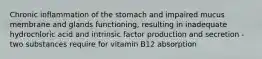 Chronic inflammation of the stomach and impaired mucus membrane and glands functioning, resulting in inadequate hydrochloric acid and intrinsic factor production and secretion - two substances require for vitamin B12 absorption