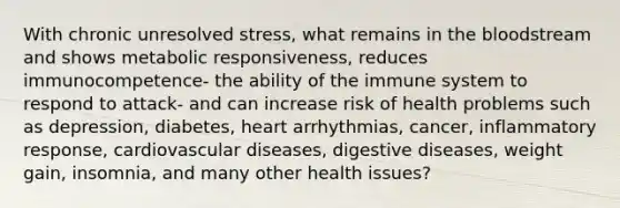 With chronic unresolved stress, what remains in the bloodstream and shows metabolic responsiveness, reduces immunocompetence- the ability of the immune system to respond to attack- and can increase risk of health problems such as depression, diabetes, heart arrhythmias, cancer, inflammatory response, cardiovascular diseases, digestive diseases, weight gain, insomnia, and many other health issues?