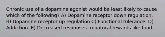 Chronic use of a dopamine agonist would be least likely to cause which of the following? A) Dopamine receptor down regulation. B) Dopamine receptor up regulation C) Functional tolerance. D) Addiction. E) Decreased responses to natural rewards like food.