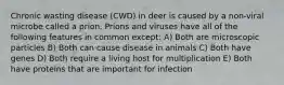 Chronic wasting disease (CWD) in deer is caused by a non-viral microbe called a prion. Prions and viruses have all of the following features in common except: A) Both are microscopic particles B) Both can cause disease in animals C) Both have genes D) Both require a living host for multiplication E) Both have proteins that are important for infection