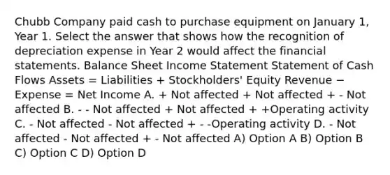 Chubb Company paid cash to purchase equipment on January 1, Year 1. Select the answer that shows how the recognition of depreciation expense in Year 2 would affect the <a href='https://www.questionai.com/knowledge/kFBJaQCz4b-financial-statements' class='anchor-knowledge'>financial statements</a>. Balance Sheet <a href='https://www.questionai.com/knowledge/kCPMsnOwdm-income-statement' class='anchor-knowledge'>income statement</a> Statement of Cash Flows Assets = Liabilities + Stockholders' Equity Revenue − Expense = Net Income A. + Not affected + Not affected + - Not affected B. - - Not affected + Not affected + +Operating activity C. - Not affected - Not affected + - -Operating activity D. - Not affected - Not affected + - Not affected A) Option A B) Option B C) Option C D) Option D