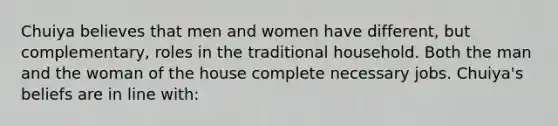 Chuiya believes that men and women have different, but complementary, roles in the traditional household. Both the man and the woman of the house complete necessary jobs. Chuiya's beliefs are in line with: