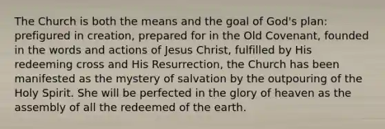 The Church is both the means and the goal of God's plan: prefigured in creation, prepared for in the Old Covenant, founded in the words and actions of Jesus Christ, fulfilled by His redeeming cross and His Resurrection, the Church has been manifested as the mystery of salvation by the outpouring of the Holy Spirit. She will be perfected in the glory of heaven as the assembly of all the redeemed of the earth.