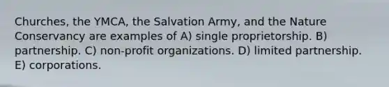 Churches, the YMCA, the Salvation Army, and the Nature Conservancy are examples of A) single proprietorship. B) partnership. C) non-profit organizations. D) limited partnership. E) corporations.