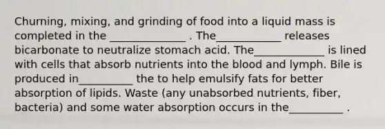 Churning, mixing, and grinding of food into a liquid mass is completed in the ______________ . The____________ releases bicarbonate to neutralize stomach acid. The_____________ is lined with cells that absorb nutrients into the blood and lymph. Bile is produced in__________ the to help emulsify fats for better absorption of lipids. Waste (any unabsorbed nutrients, fiber, bacteria) and some water absorption occurs in the__________ .