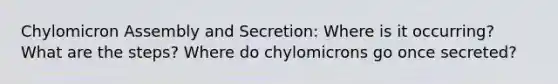 Chylomicron Assembly and Secretion: Where is it occurring? What are the steps? Where do chylomicrons go once secreted?