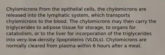 Chylomicrons From the epithelial cells, the chylomicrons are released into the lymphatic system, which transports chylomicrons to the blood. The chylomicrons may then carry the triglycerides to adipose tissue for storage, to organs for catabolism, or to the liver for incorporation of the triglycerides into very-low-density lipoproteins (VLDLs). Chylomicrons are normally cleared from plasma within 6 hours after a meal.