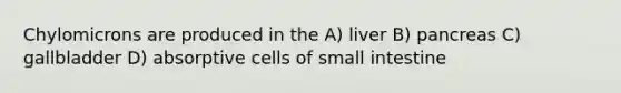 Chylomicrons are produced in the A) liver B) pancreas C) gallbladder D) absorptive cells of small intestine