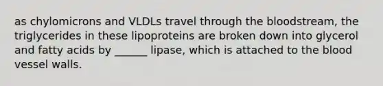 as chylomicrons and VLDLs travel through the bloodstream, the triglycerides in these lipoproteins are broken down into glycerol and fatty acids by ______ lipase, which is attached to the blood vessel walls.