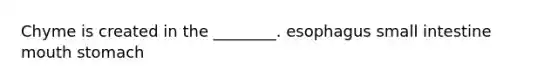 Chyme is created in the ________. esophagus small intestine mouth stomach