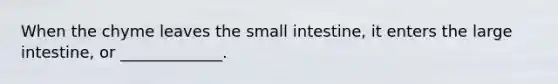 When the chyme leaves <a href='https://www.questionai.com/knowledge/kt623fh5xn-the-small-intestine' class='anchor-knowledge'>the small intestine</a>, it enters the <a href='https://www.questionai.com/knowledge/kGQjby07OK-large-intestine' class='anchor-knowledge'>large intestine</a>, or _____________.