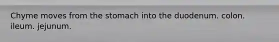 Chyme moves from the stomach into the duodenum. colon. ileum. jejunum.