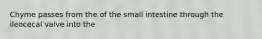 Chyme passes from the of the small intestine through the ileocecal valve into the