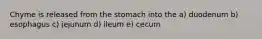 Chyme is released from the stomach into the a) duodenum b) esophagus c) jejunum d) ileum e) cecum