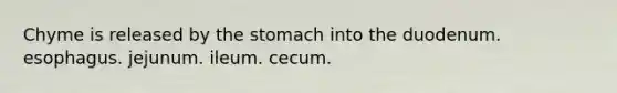 Chyme is released by <a href='https://www.questionai.com/knowledge/kLccSGjkt8-the-stomach' class='anchor-knowledge'>the stomach</a> into the duodenum. esophagus. jejunum. ileum. cecum.