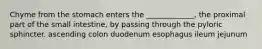 Chyme from the stomach enters the _____________, the proximal part of the small intestine, by passing through the pyloric sphincter. ascending colon duodenum esophagus ileum jejunum