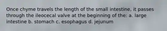 Once chyme travels the length of the small intestine, it passes through the ileocecal valve at the beginning of the: a. large intestine b. stomach c. esophagus d. jejunum