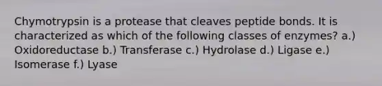 Chymotrypsin is a protease that cleaves peptide bonds. It is characterized as which of the following classes of enzymes? a.) Oxidoreductase b.) Transferase c.) Hydrolase d.) Ligase e.) Isomerase f.) Lyase