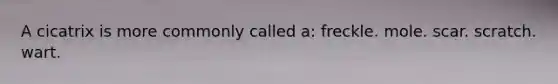 A cicatrix is more commonly called a: freckle. mole. scar. scratch. wart.