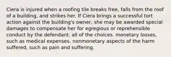 Ciera is injured when a roofing tile breaks free, falls from the roof of a building, and strikes her. If Ciera brings a successful tort action against the building's owner, she may be awarded special damages to compensate her for egregious or reprehensible conduct by the defendant. all of the choices. monetary losses, such as medical expenses. nonmonetary aspects of the harm suffered, such as pain and suffering.