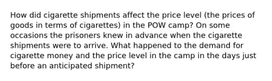 How did cigarette shipments affect the price level​ (the prices of goods in terms of​ cigarettes) in the POW​ camp? On some occasions the prisoners knew in advance when the cigarette shipments were to arrive. What happened to the demand for cigarette money and the price level in the camp in the days just before an anticipated​ shipment?