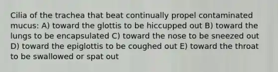 Cilia of the trachea that beat continually propel contaminated mucus: A) toward the glottis to be hiccupped out B) toward the lungs to be encapsulated C) toward the nose to be sneezed out D) toward the epiglottis to be coughed out E) toward the throat to be swallowed or spat out