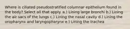 Where is ciliated pseudostratified columnar epithelium found in the body? Select all that apply. a.) Lining large bronchi b.) Lining the air sacs of the lungs c.) Lining the nasal cavity d.) Lining the oropharynx and laryngopharynx e.) Lining the trachea