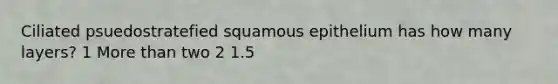 Ciliated psuedostratefied squamous epithelium has how many layers? 1 <a href='https://www.questionai.com/knowledge/keWHlEPx42-more-than' class='anchor-knowledge'>more than</a> two 2 1.5