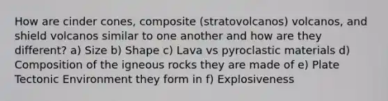 How are cinder cones, composite (stratovolcanos) volcanos, and shield volcanos similar to one another and how are they different? a) Size b) Shape c) Lava vs pyroclastic materials d) Composition of the igneous rocks they are made of e) Plate Tectonic Environment they form in f) Explosiveness