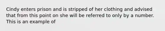 Cindy enters prison and is stripped of her clothing and advised that from this point on she will be referred to only by a number. This is an example of