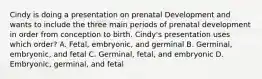 Cindy is doing a presentation on prenatal Development and wants to include the three main periods of prenatal development in order from conception to birth. Cindy's presentation uses which order? A. Fetal, embryonic, and germinal B. Germinal, embryonic, and fetal C. Germinal, fetal, and embryonic D. Embryonic, germinal, and fetal