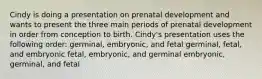 Cindy is doing a presentation on prenatal development and wants to present the three main periods of prenatal development in order from conception to birth. Cindy's presentation uses the following order: germinal, embryonic, and fetal germinal, fetal, and embryonic fetal, embryonic, and germinal embryonic, germinal, and fetal