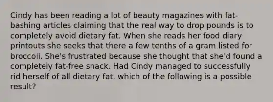 Cindy has been reading a lot of beauty magazines with fat-bashing articles claiming that the real way to drop pounds is to completely avoid dietary fat. When she reads her food diary printouts she seeks that there a few tenths of a gram listed for broccoli. She's frustrated because she thought that she'd found a completely fat-free snack. Had Cindy managed to successfully rid herself of all dietary fat, which of the following is a possible result?