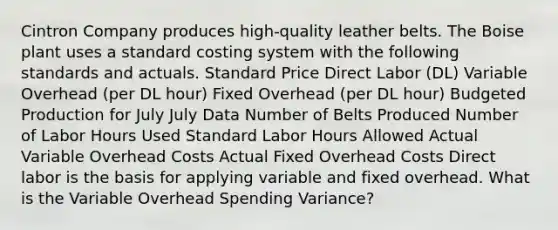 Cintron Company produces high-quality leather belts. The Boise plant uses a standard costing system with the following standards and actuals. Standard Price Direct Labor (DL) Variable Overhead (per DL hour) Fixed Overhead (per DL hour) Budgeted Production for July July Data Number of Belts Produced Number of Labor Hours Used Standard Labor Hours Allowed Actual Variable Overhead Costs Actual Fixed Overhead Costs Direct labor is the basis for applying variable and fixed overhead. What is the Variable Overhead Spending Variance?